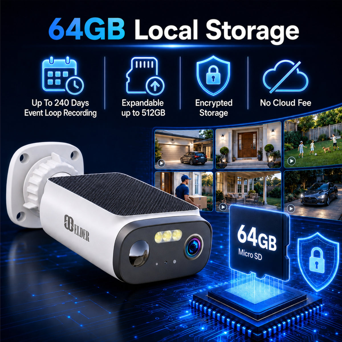 Elder 3K Solar Wireless Security Camera with 64GB Storage and Upgradeable up to 512GB