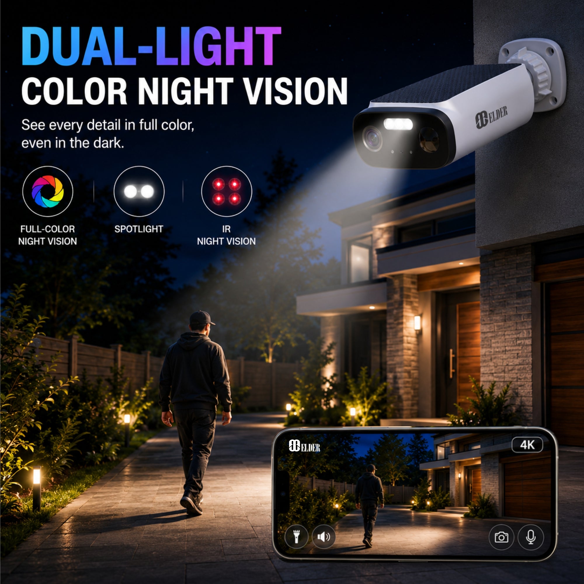 Elder 3K Solar Wireless Security Camera with Dual-Light Color Night Vision, Spotlight and IR