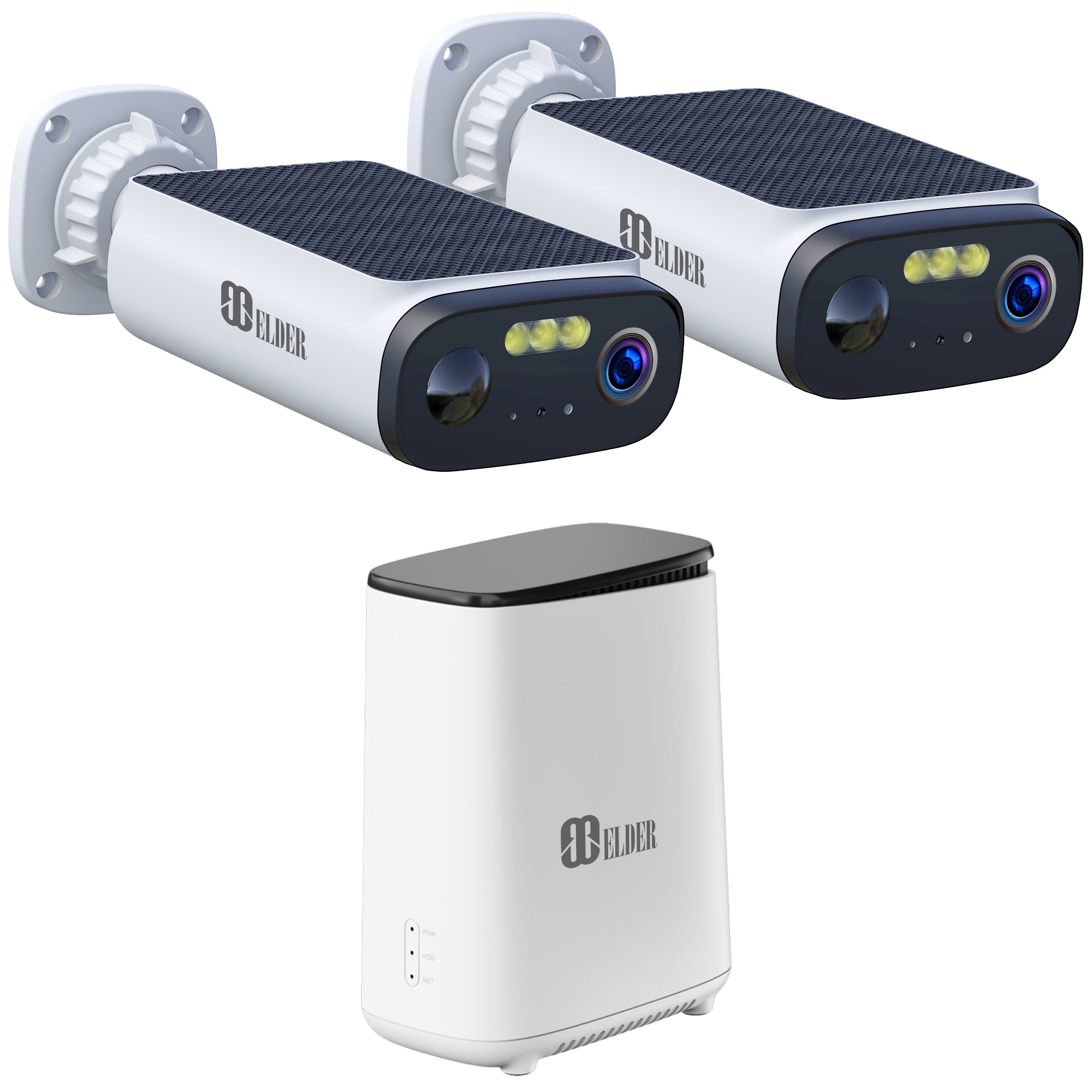 Elder 3K Solar Wireless Security Camera System 64GB Outdoor, 2-Camera Surveillance Battery Kit Wire-Free Solar-Powered Battery-Operated