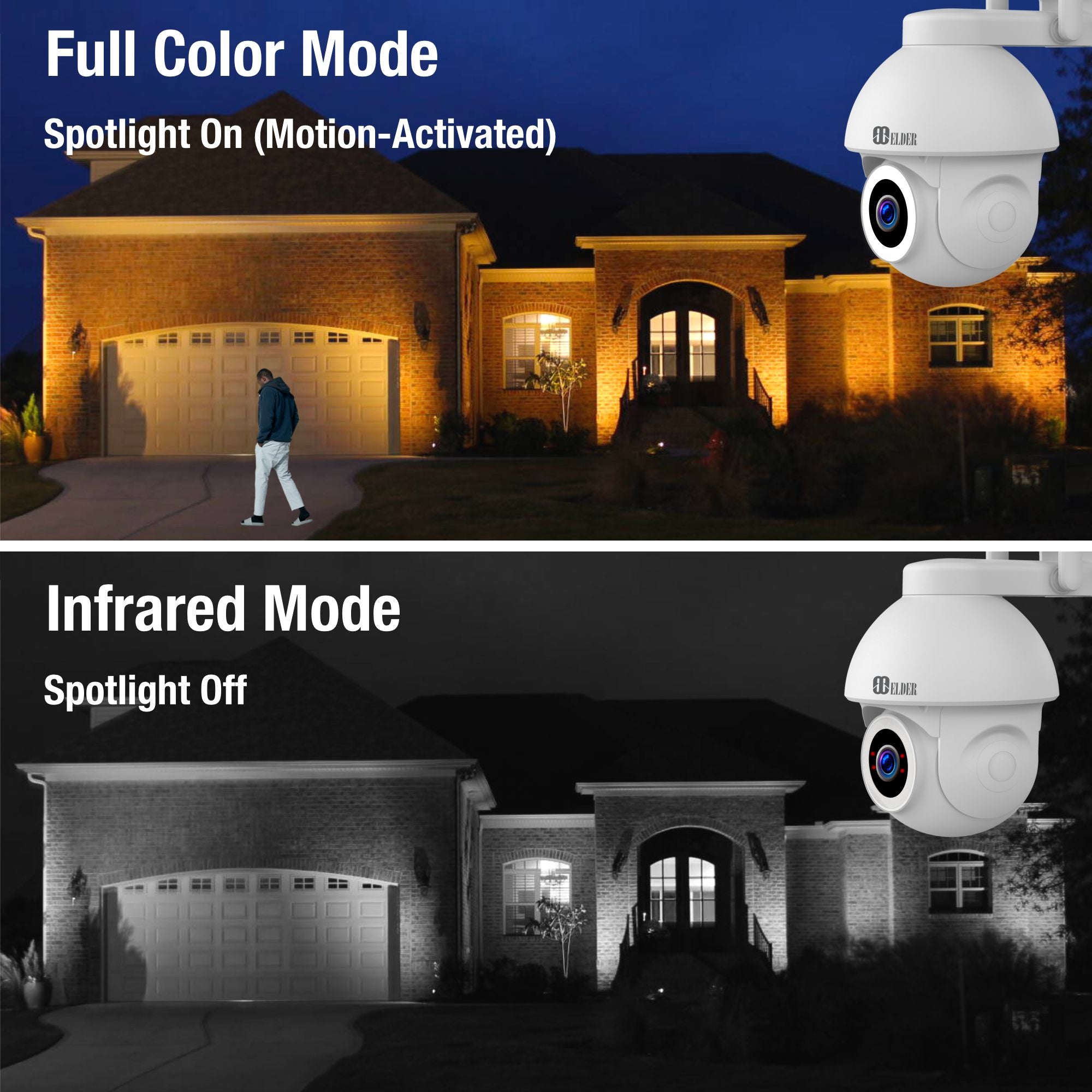 Elder WiFi Security Camera 2K+ Outdoor 3pcs PTZ 64GB Semi Wireless, DIY Smart Home AI Human Motion, Spotlight Deterrence & Color Night Vision, Works with Hey Google & Alexa