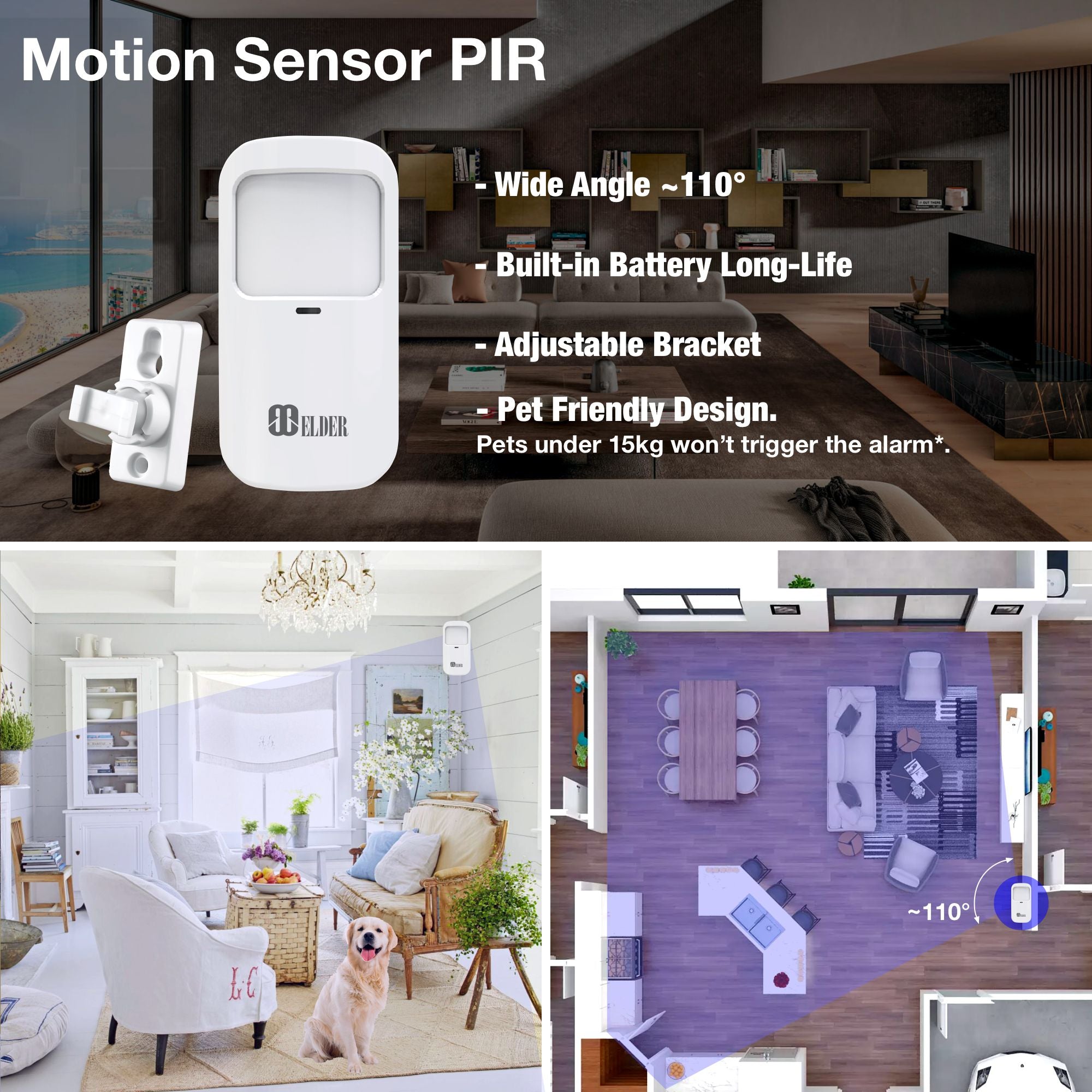 Motion Sensor PIR WiFi Battery Wireless, Pet Friendly & Wide Angle, Motion Detector for Alarm System and Smart Home Automation