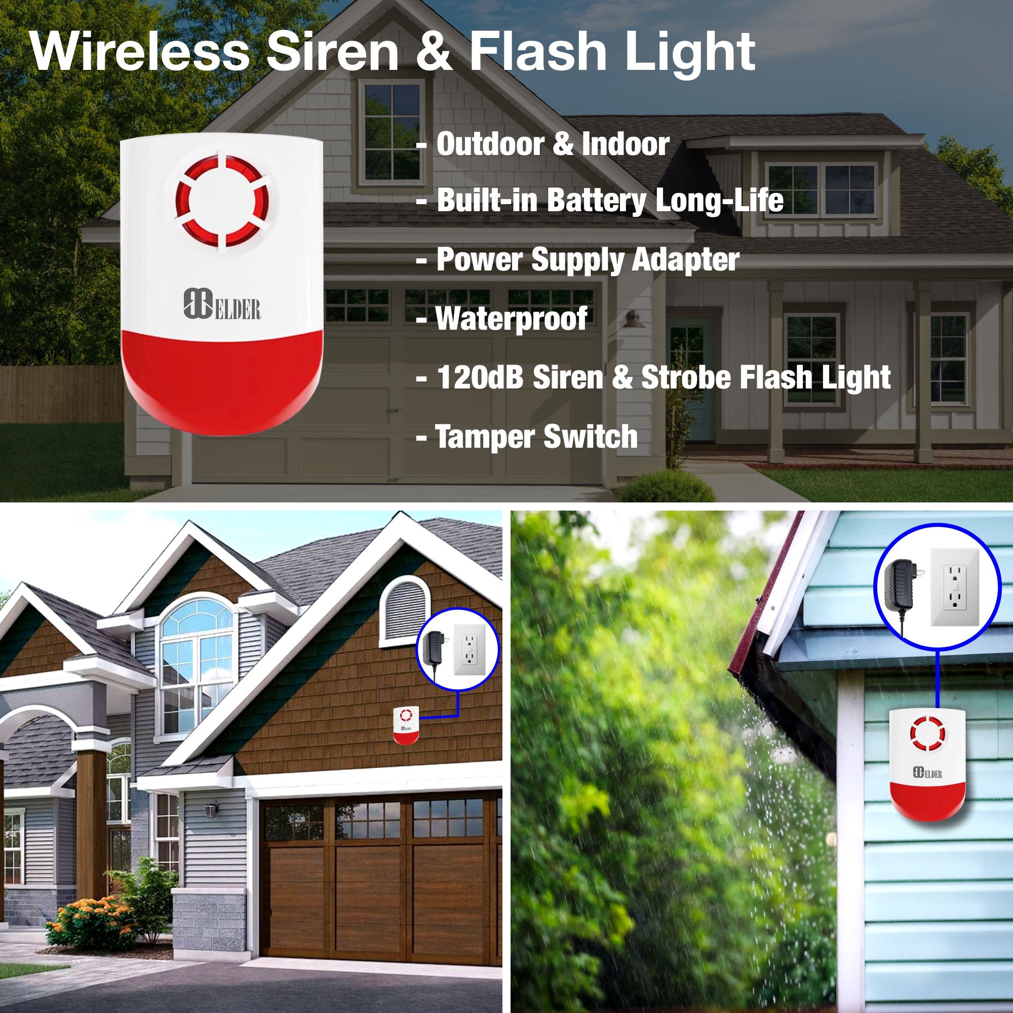 Strobe Siren Alarm Wireless Outdoor WiFi, Rechargeable Battery, Sound & Flashing Light for Alarm System and Smart Home Automation