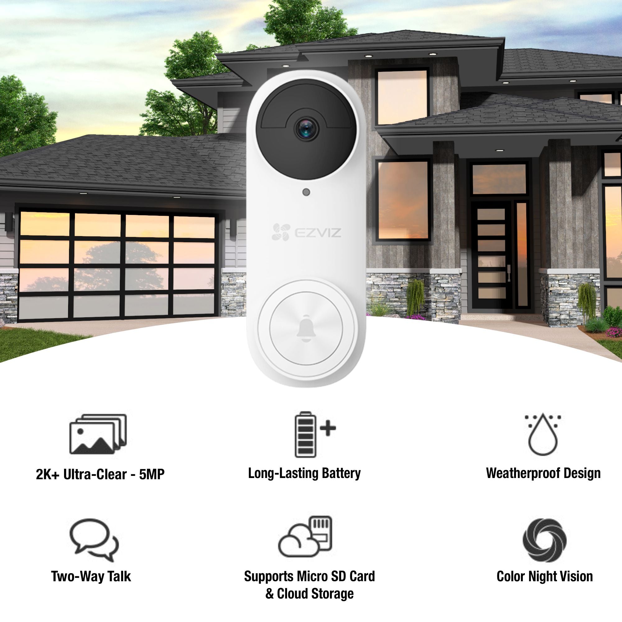 Ezviz Camera 2K Battery WiFi & Doorbell 5MP Wireless & Chime, Wireless Security Camera Outdoor Human Detection & DIY Smart Home, Spotlight Defense Color Night Vision & Two-Way Audio