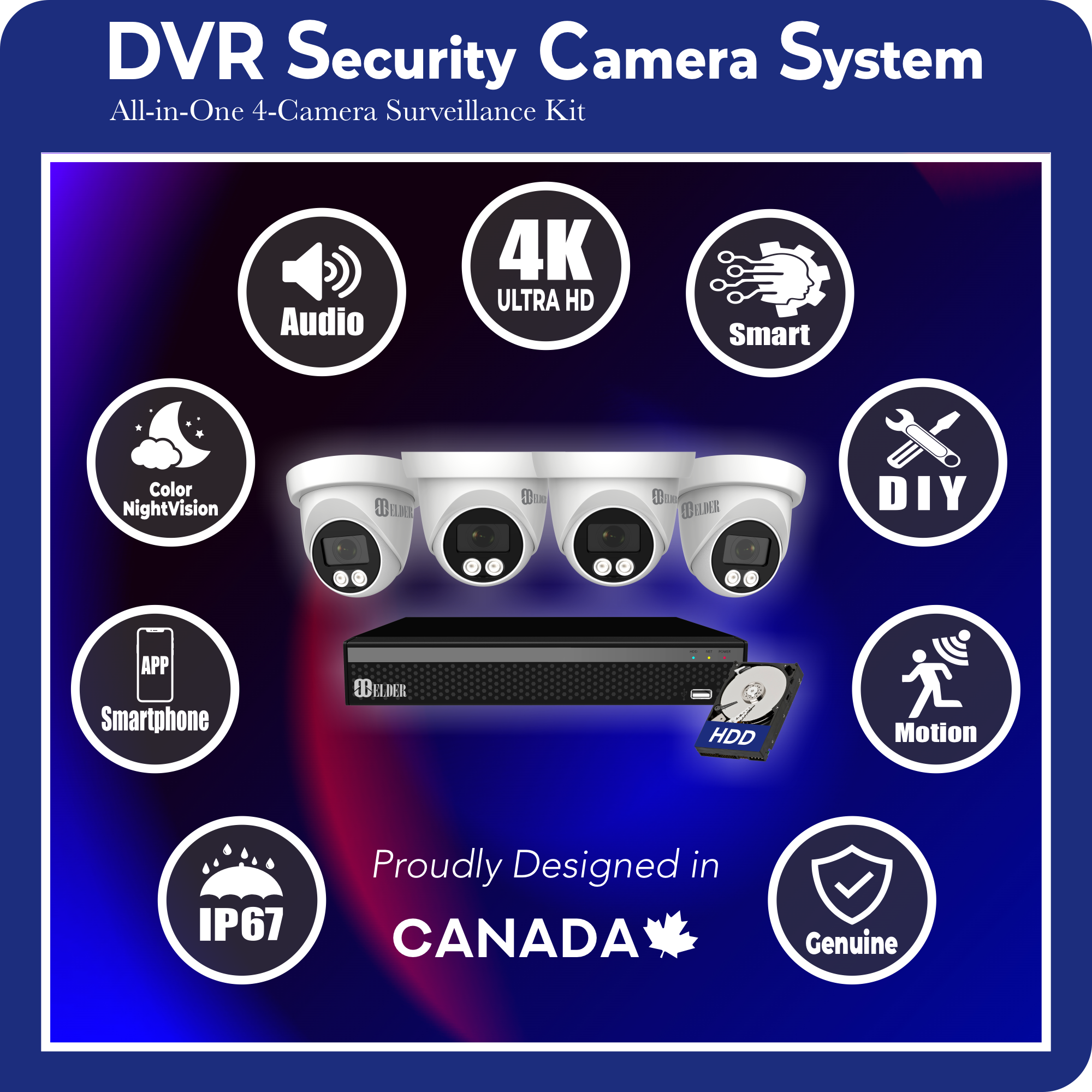 Système de caméra de sécurité 4K, vision nocturne couleur, projecteur, kit de surveillance DVR extérieur filaire à monter soi-même, écoute audio, dôme 4 caméras
