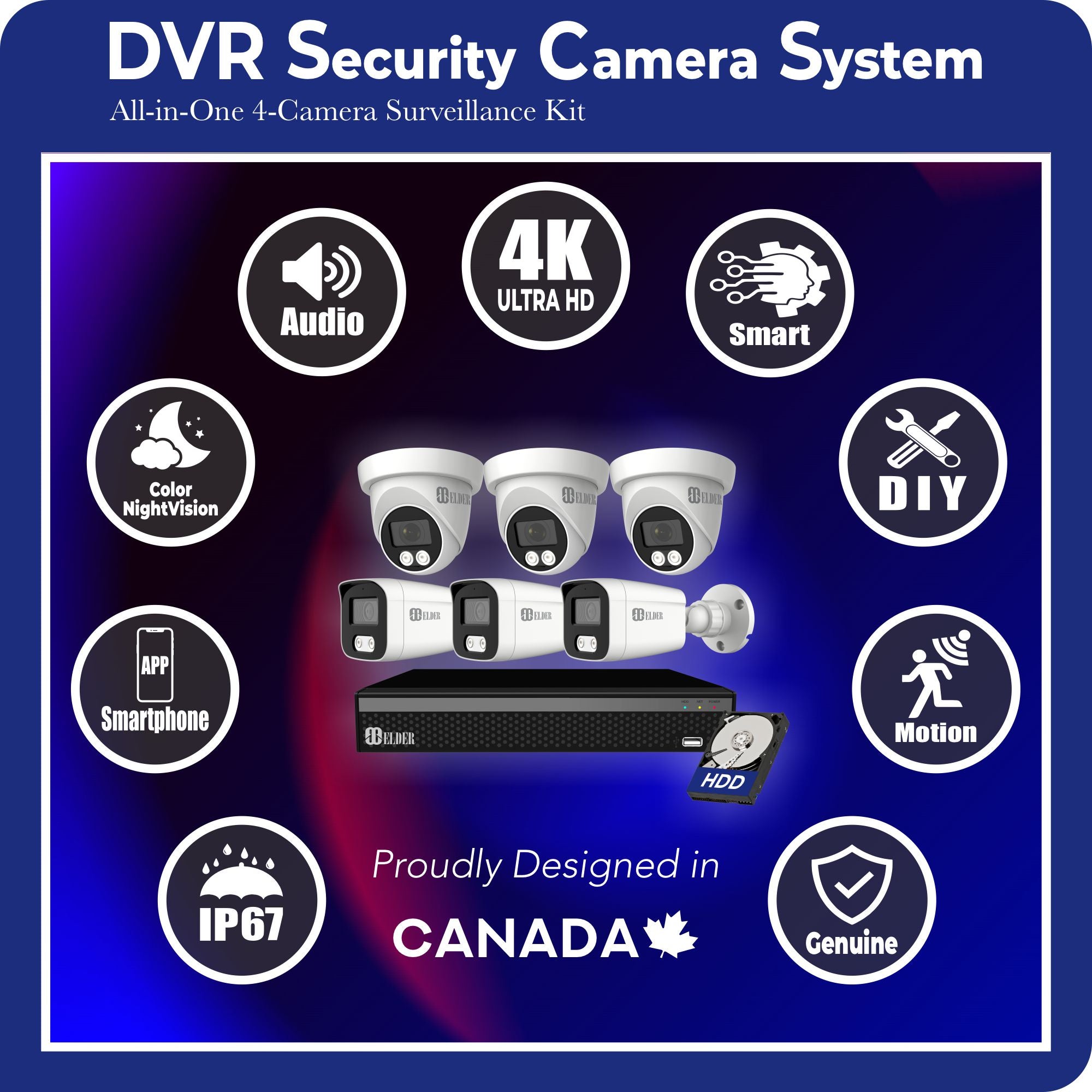 4K Security Camera System Color Night Vision Spotlight, DVR Surveillance Kit Outdoor Wired DIY, Listen-in Audio, 6-Camera Dome & Bullet