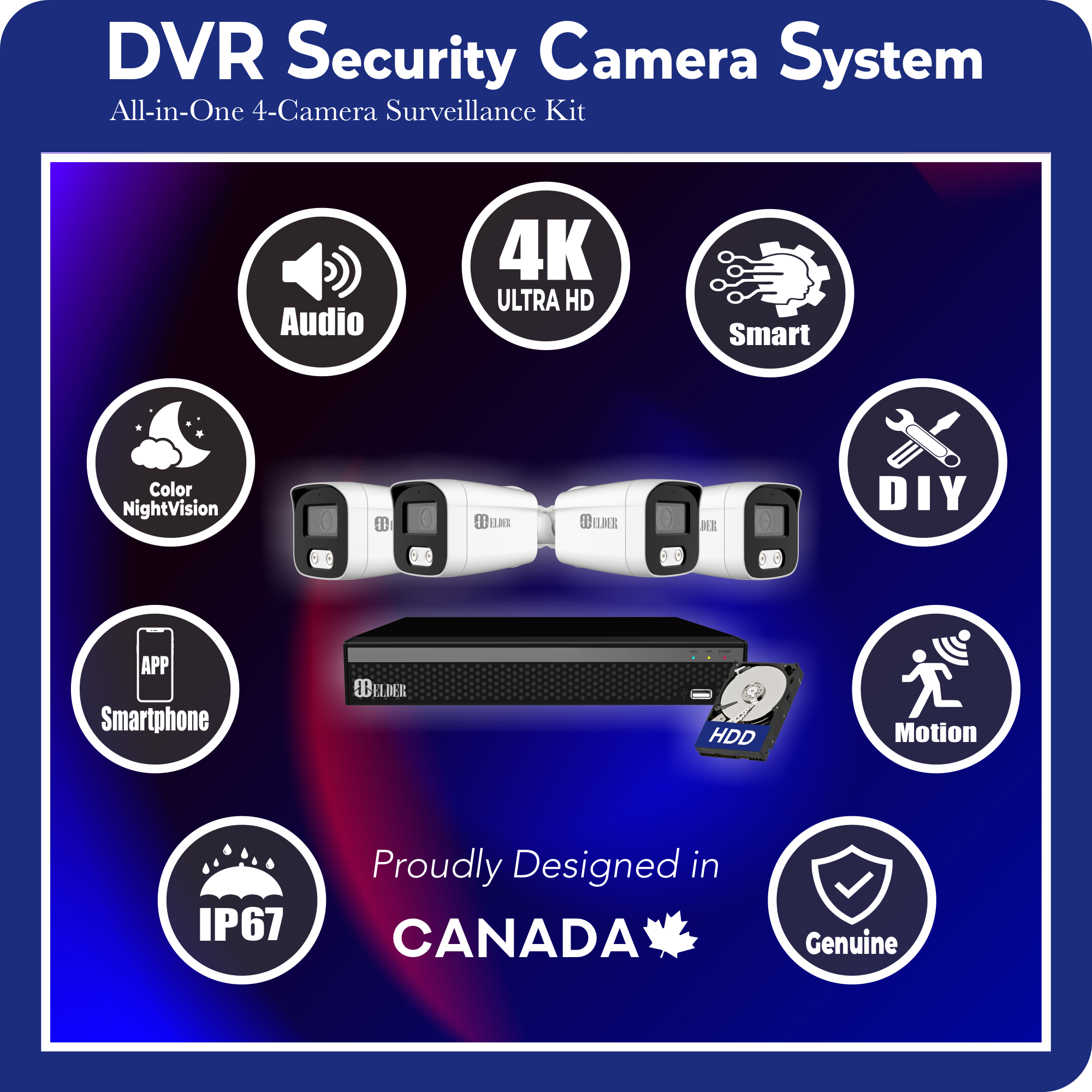 Système de caméra de sécurité 4K, vision nocturne couleur, projecteur, kit de surveillance DVR extérieur filaire à monter soi-même, écoute audio, 4 caméras Bullet