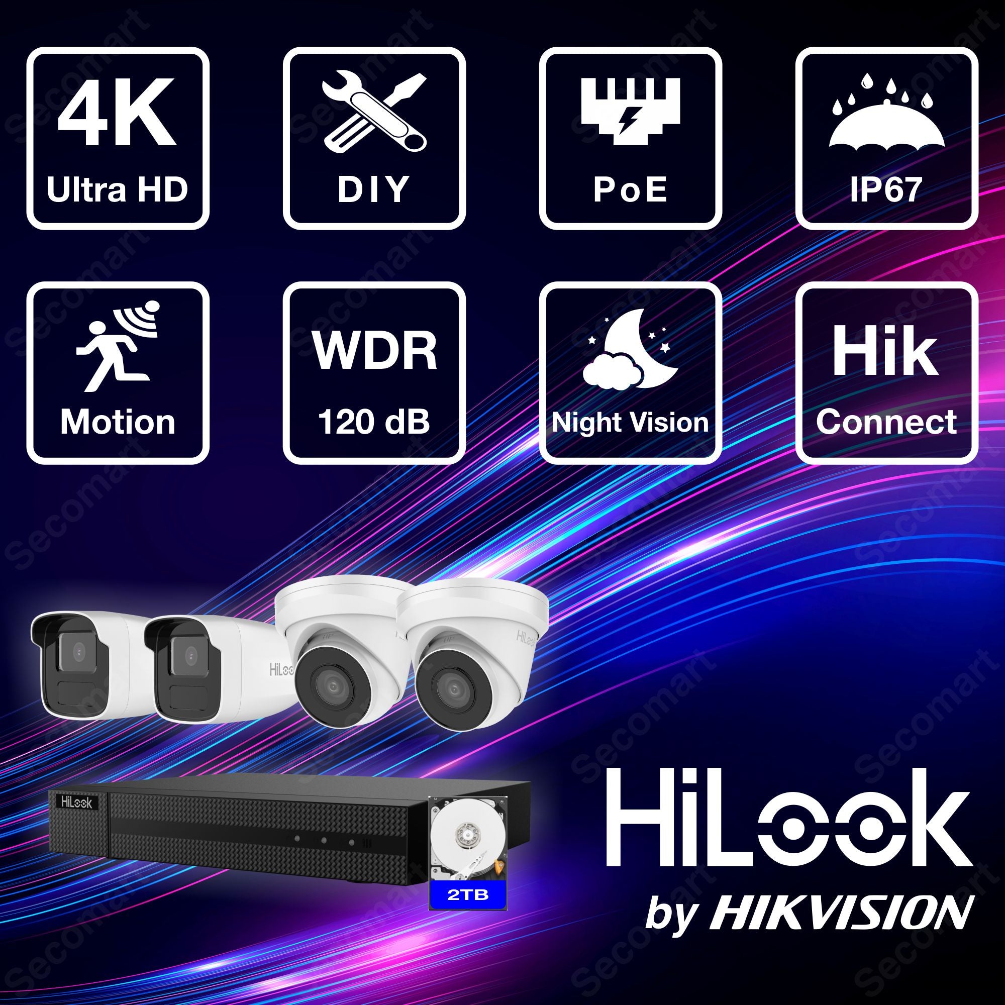 Système de caméra de sécurité Hilook 4K, kit de surveillance NVR PoE 4 caméras pour extérieur, 2 To, tourelle et caméra Bullet filaires, Hilook par Hikvision