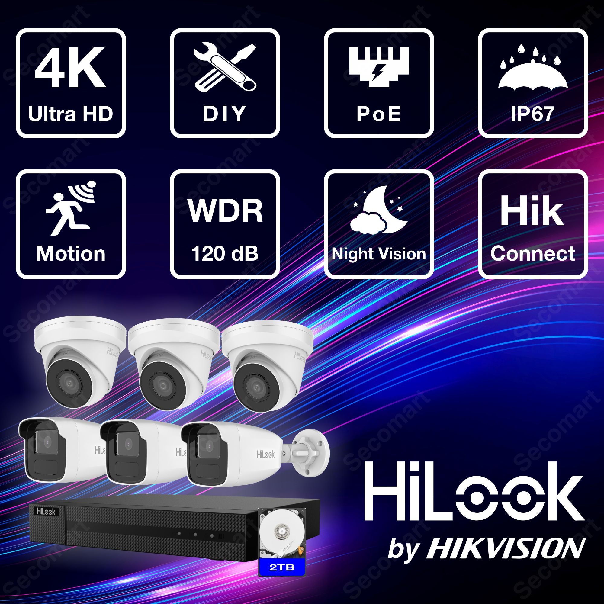 Hilook 4K Security Camera System, 6-Camera PoE NVR Surveillance Kit Outdoor 2TB DIY Wired Turret & Bullet, Hilook by Hikvision