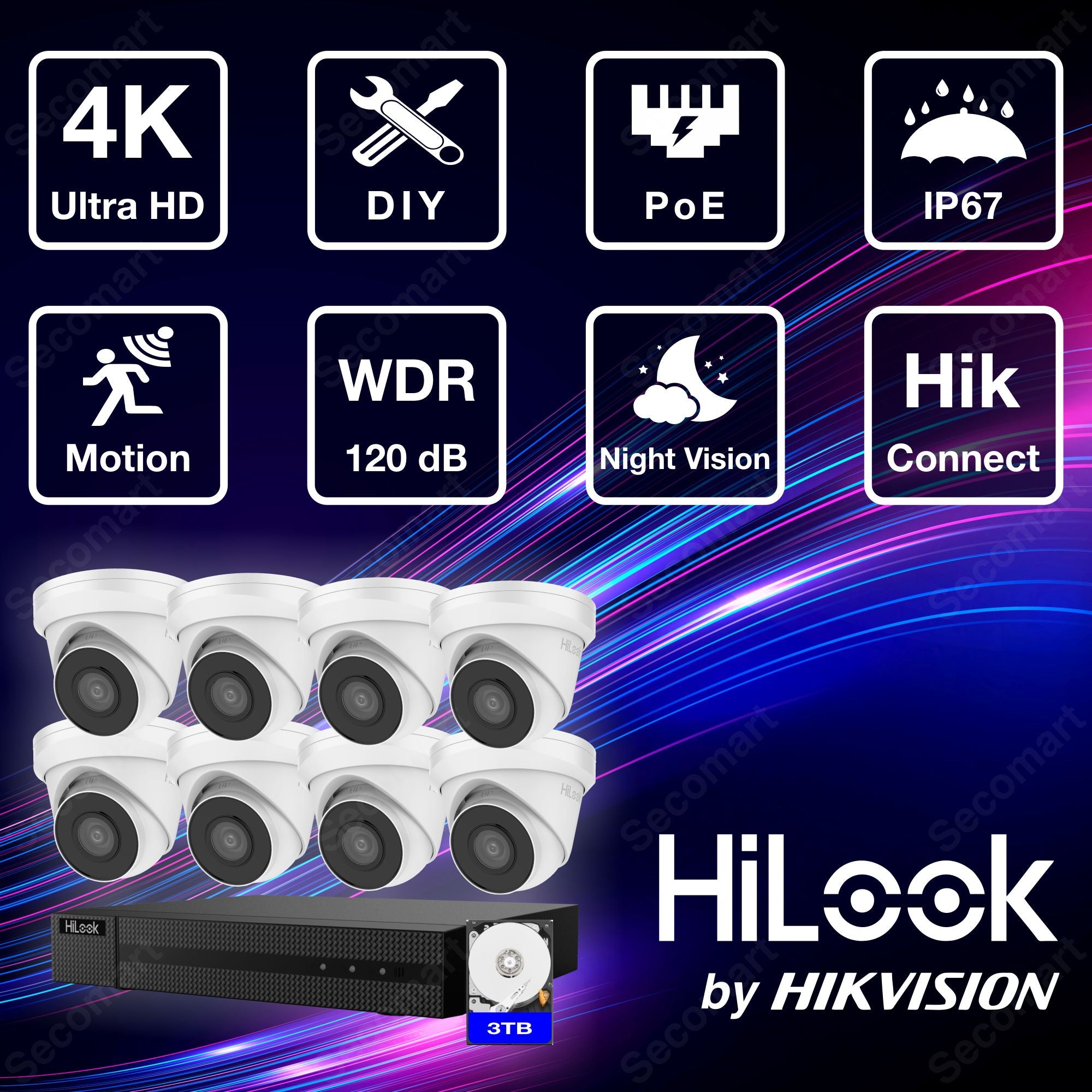 Système de caméra de sécurité Hilook 4K, kit de surveillance NVR PoE 8 caméras pour extérieur, 3 To, tourelle filaire à monter soi-même, Hilook par Hikvision