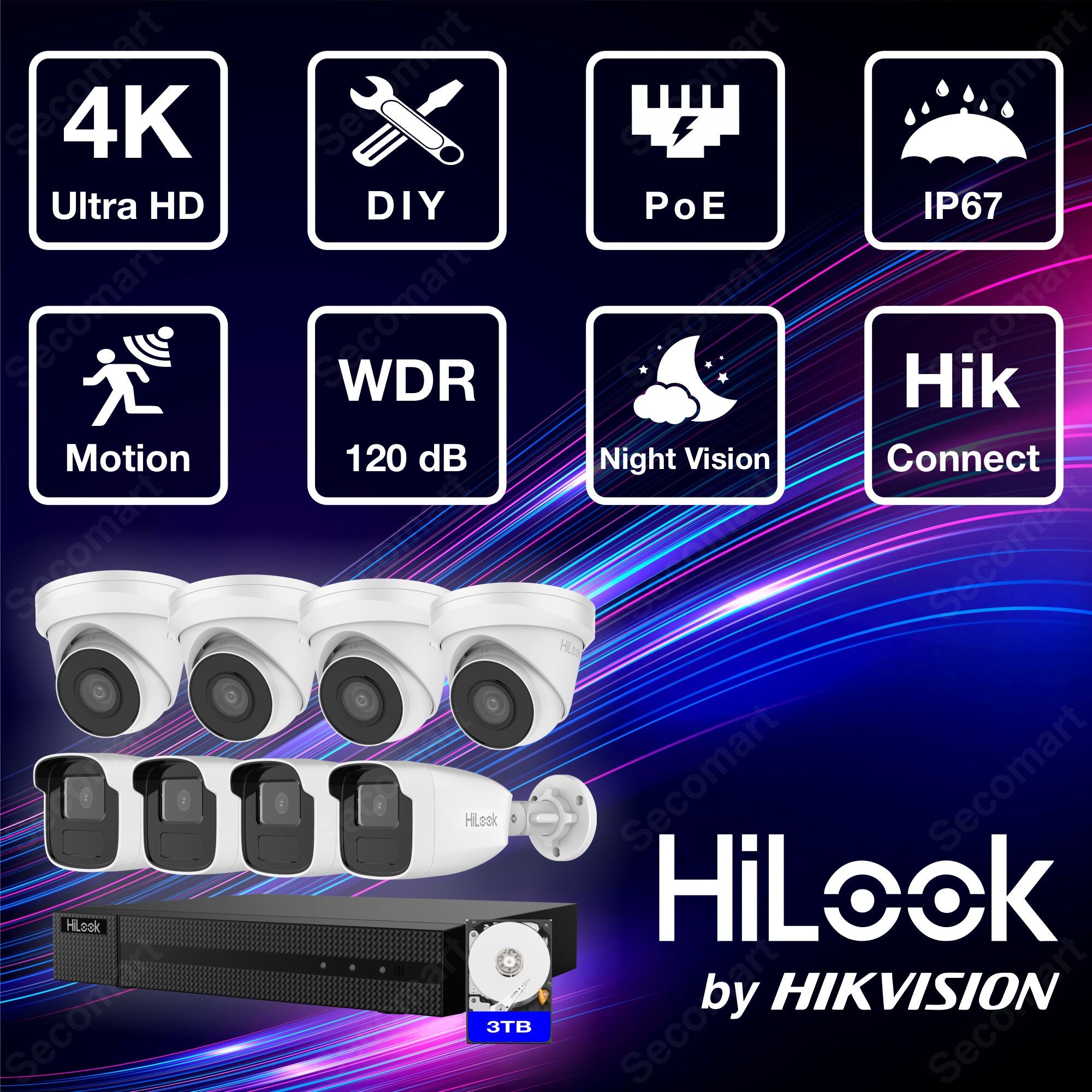 Hilook 4K Security Camera System, 8-Camera PoE NVR Surveillance Kit Outdoor 4TB DIY Wired Turret & Bullet, Hilook by Hikvision