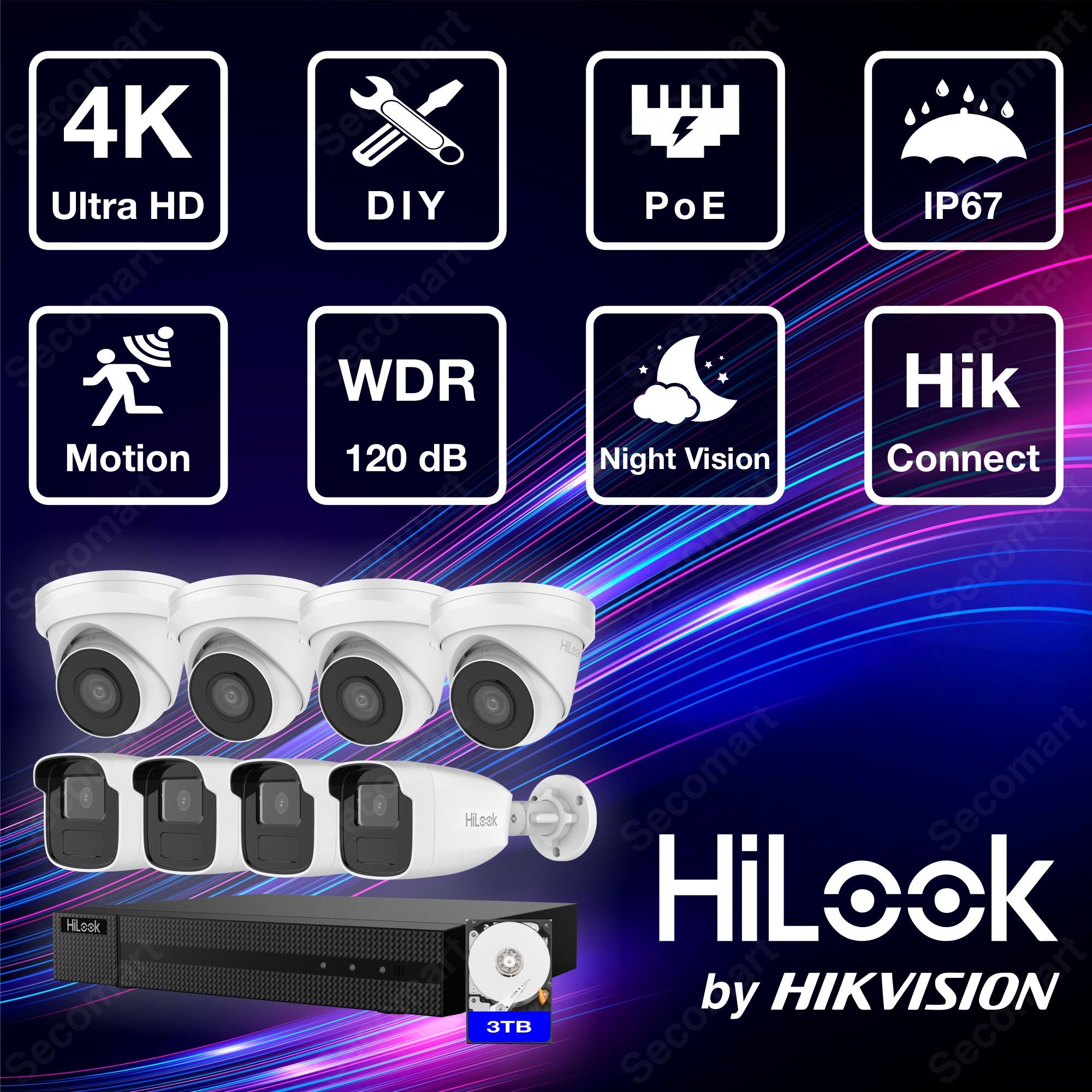 Hilook 4K Security Camera System, 8-Camera PoE NVR Surveillance Kit Outdoor 3TB DIY Wired Turret & Bullet, Hilook by Hikvision