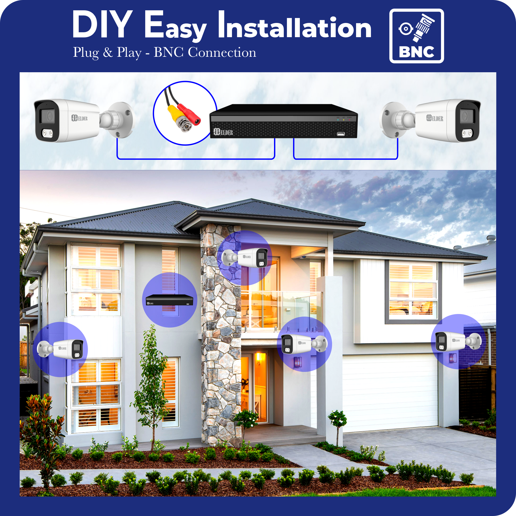 4K Security Camera System Color Night Vision Spotlight, DVR Surveillance Kit Outdoor Wired DIY, Listen-in Audio, 4-Camera Bullet