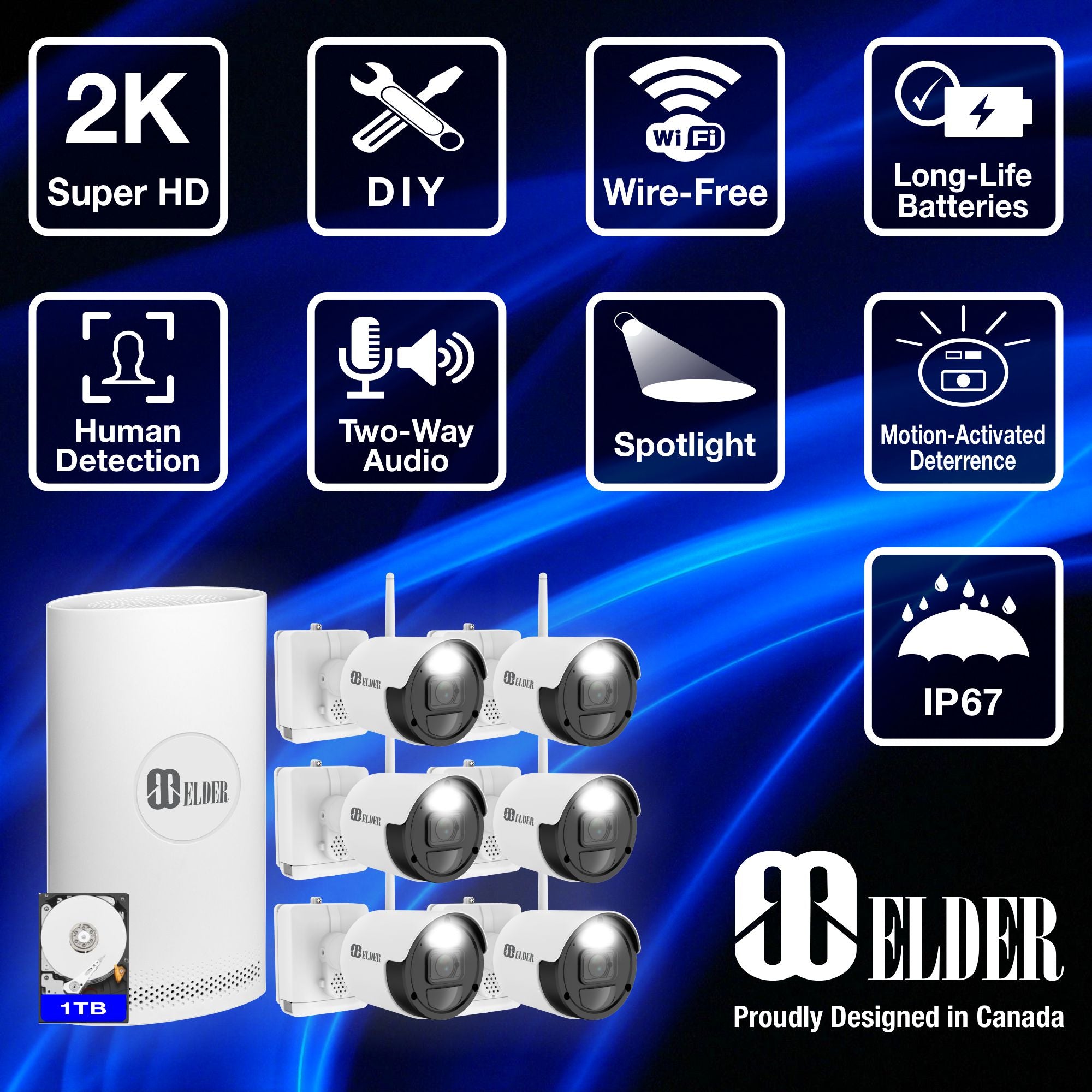 Système de caméra de sécurité sans fil Elder 1 To, sans fil, NVR 8 canaux, 6 caméras, batterie, Wi-Fi 2K+, surveillance extérieure et communication bidirectionnelle