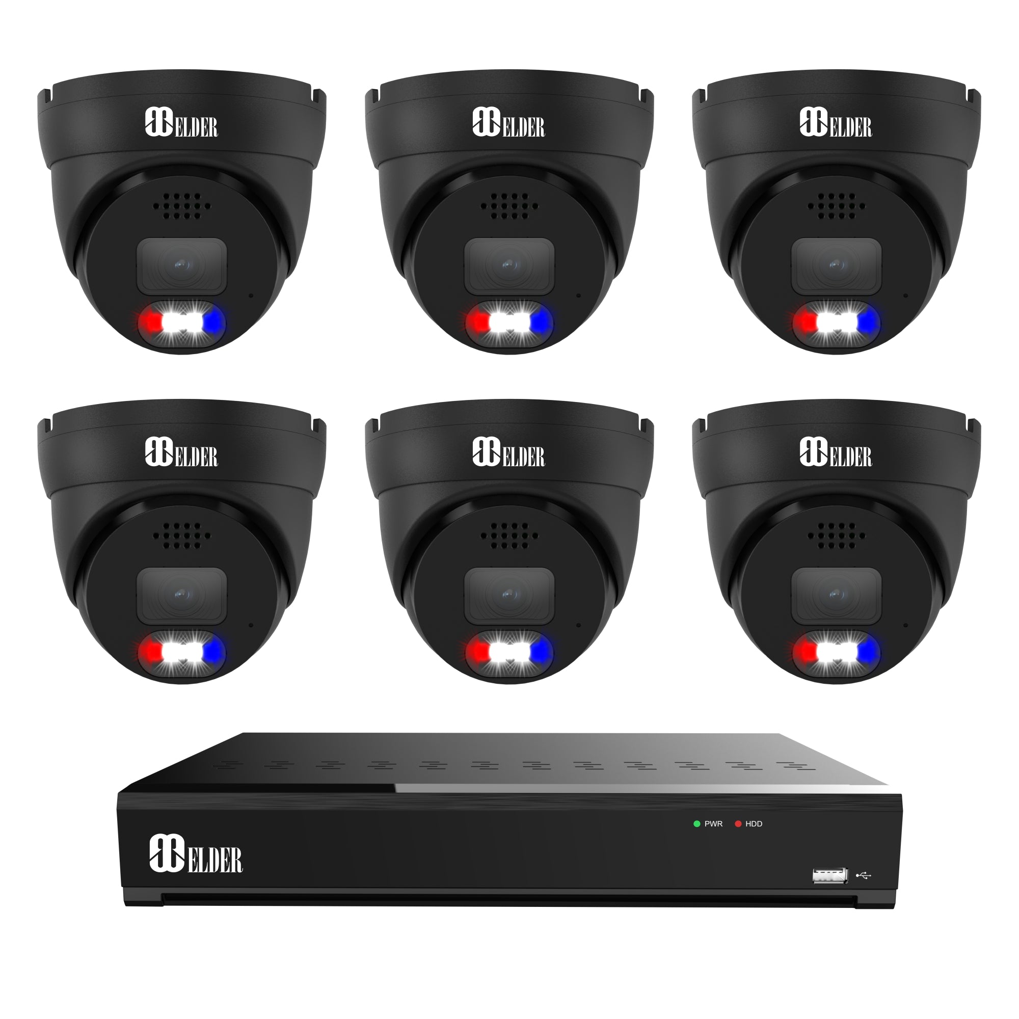 12MP Security Camera System 6-Camera with Red and Blue Deterrence from Nocturnal 4K+ Security Camera System Elder Series - Black