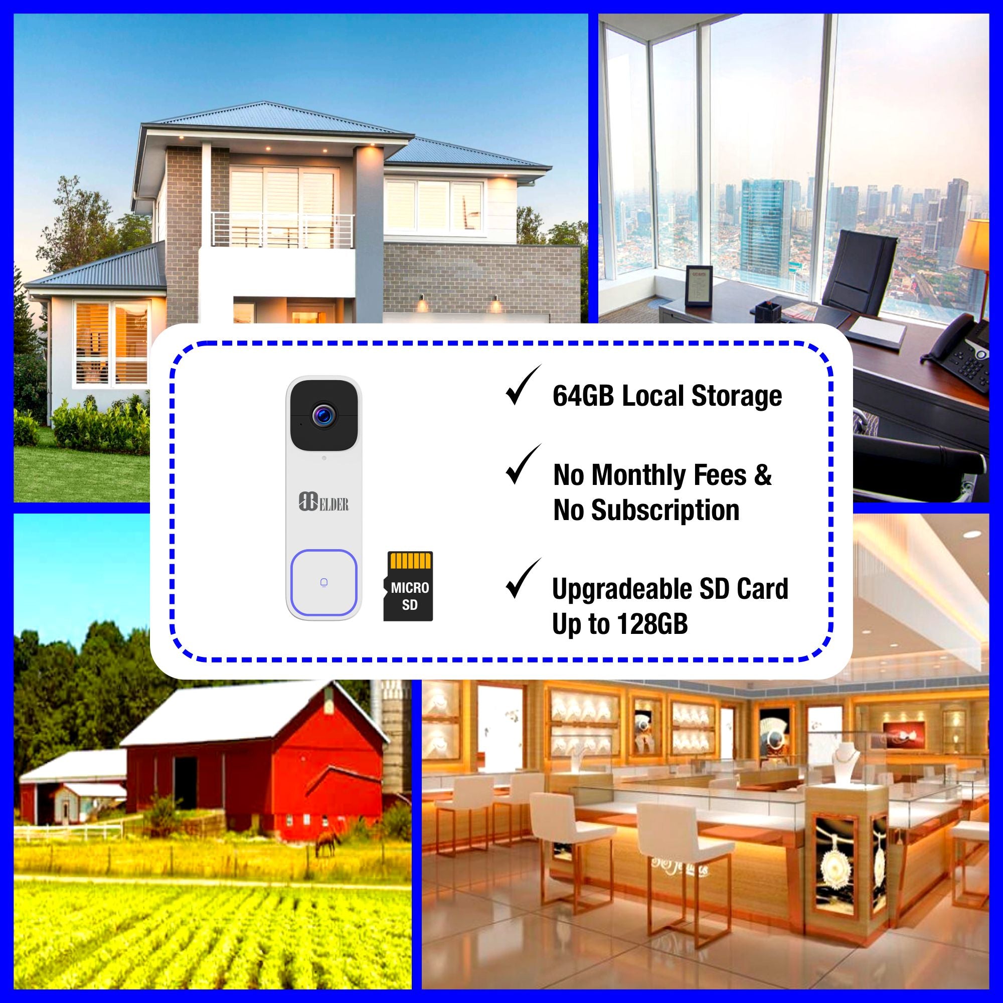 Elder Doorbell Camera 2K Wireless 64GB WiFi Battery-Operated Chime,