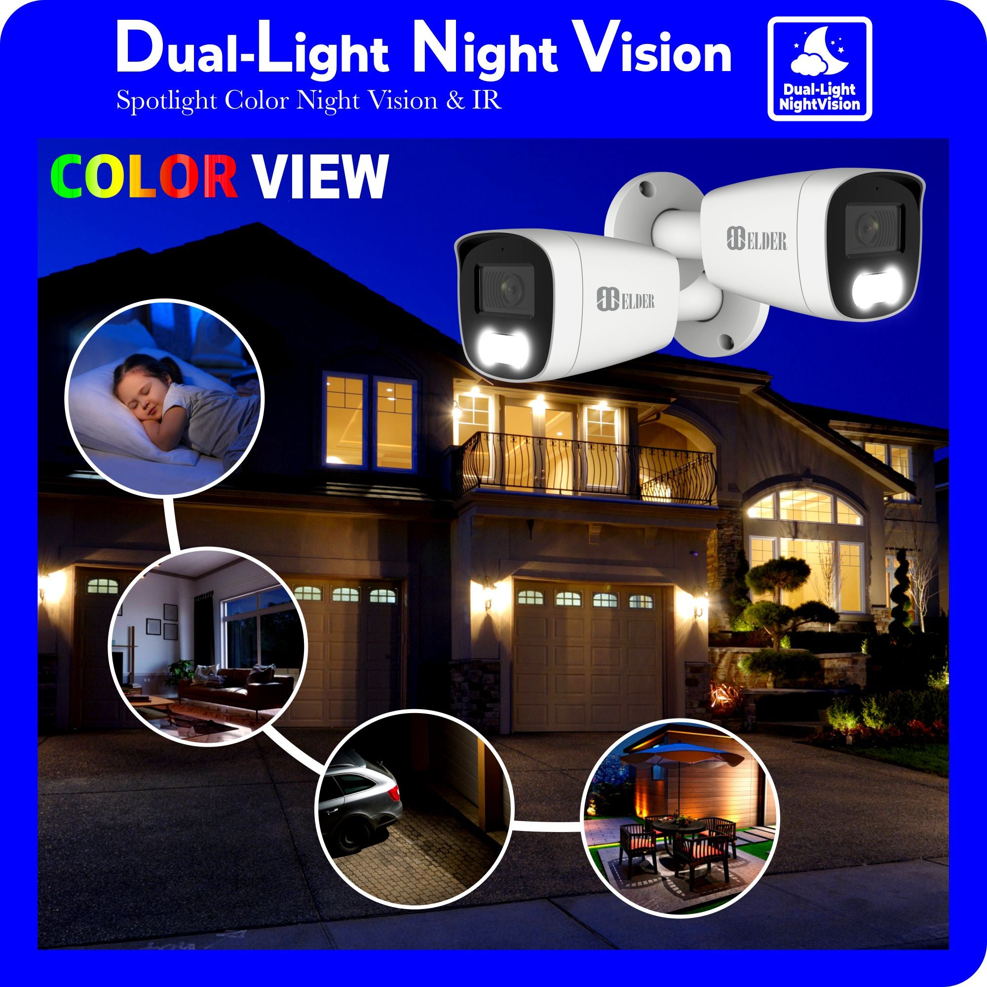 4K Security Cameras with Dual-light Color Night Vision Spotlight and IR