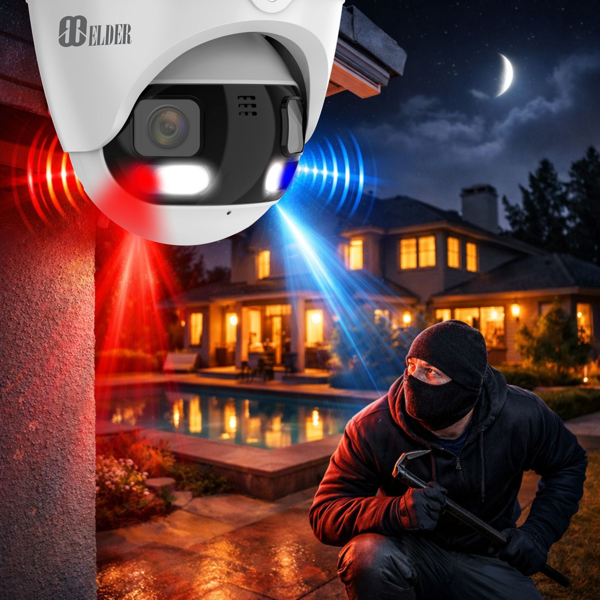 Dual-Lens 8K Security Camera with Red and Blue Deterrence