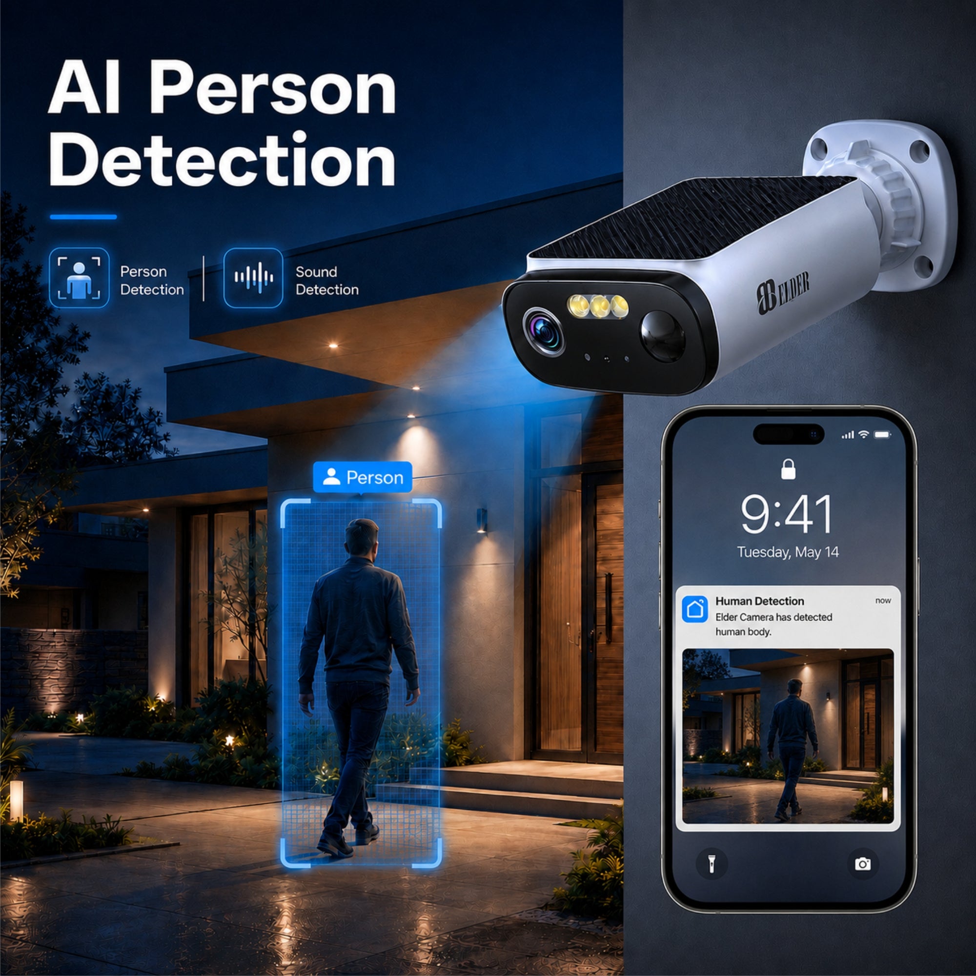 Elder 3K Solar Wireless Security Camera with AI Person Detection and Sound Detection
