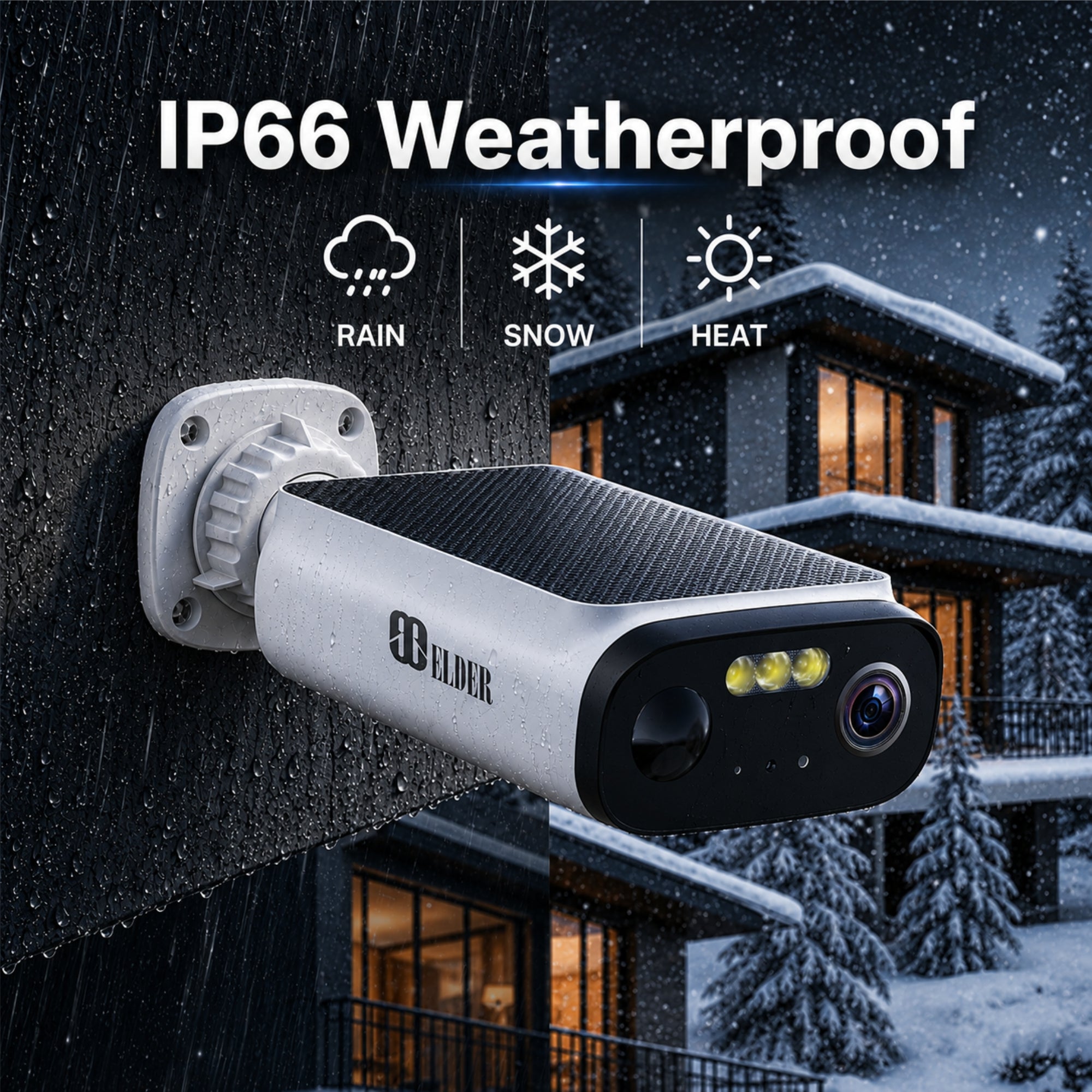 Elder 3K Solar Wireless Security Camera Outdoor with IP66 Weatherproof Housing Withstands Heat, Freezing, Rain, and Snow 