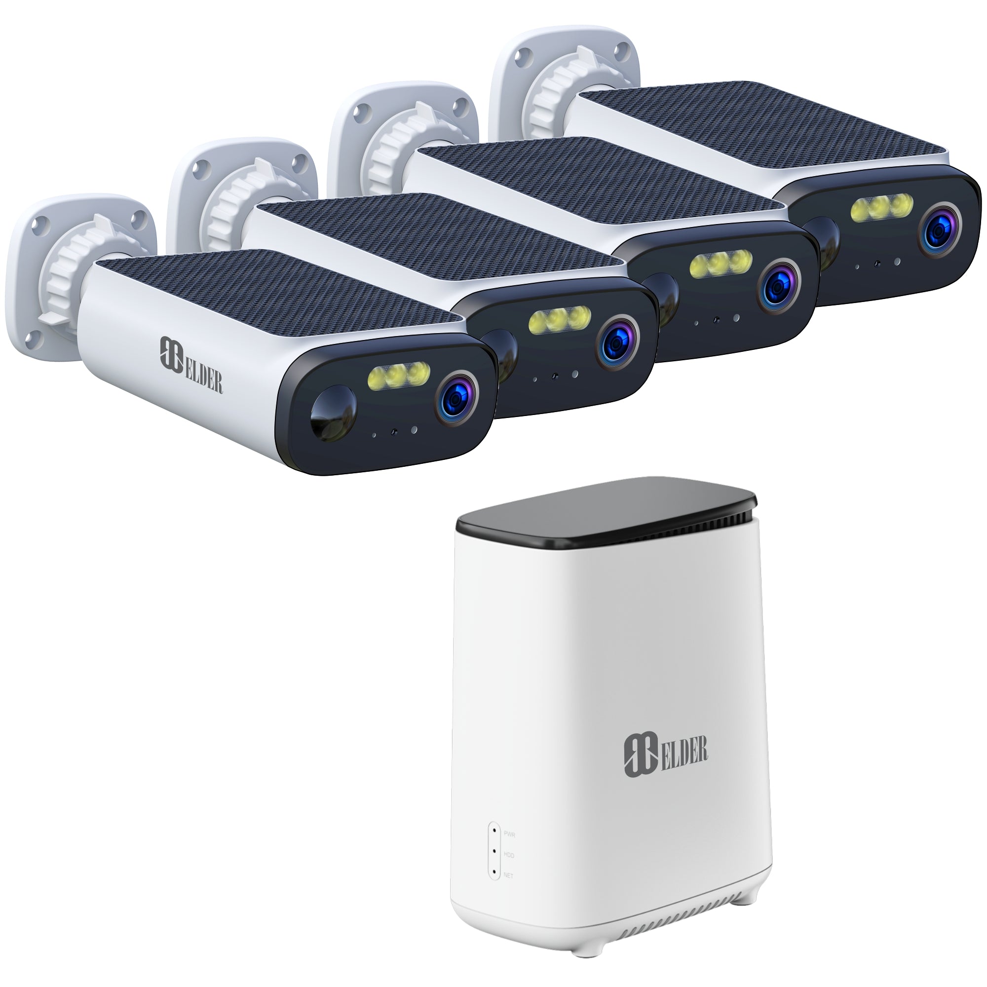 Elder 3K Solar Wireless Security Camera System 64GB Outdoor, 4-Camera Surveillance Battery Kit Wire-Free Solar-Powered Battery-Operated