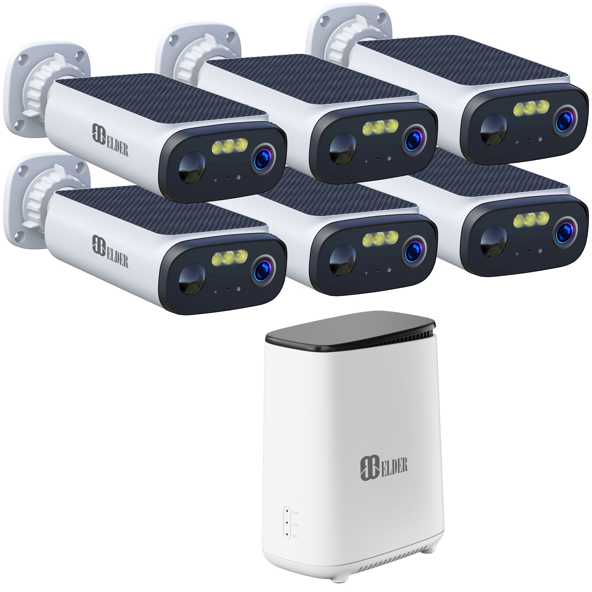 Elder 3K Solar Wireless Security Camera System 64GB Outdoor, 6-Camera Surveillance Battery Kit Wire-Free Solar-Powered Battery-Operated