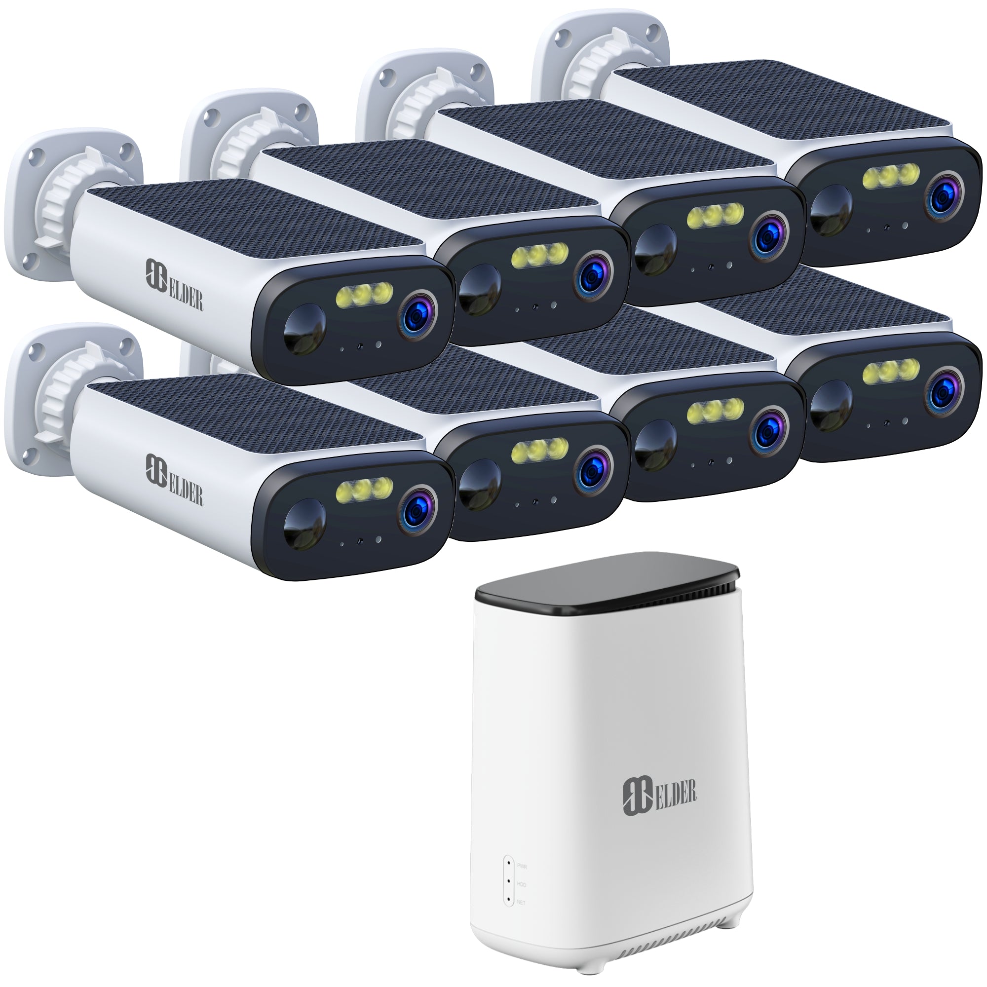 Elder 3K Solar Wireless Security Camera System 64GB Outdoor, 8-Camera Surveillance Battery Kit Wire-Free Solar-Powered Battery-Operated