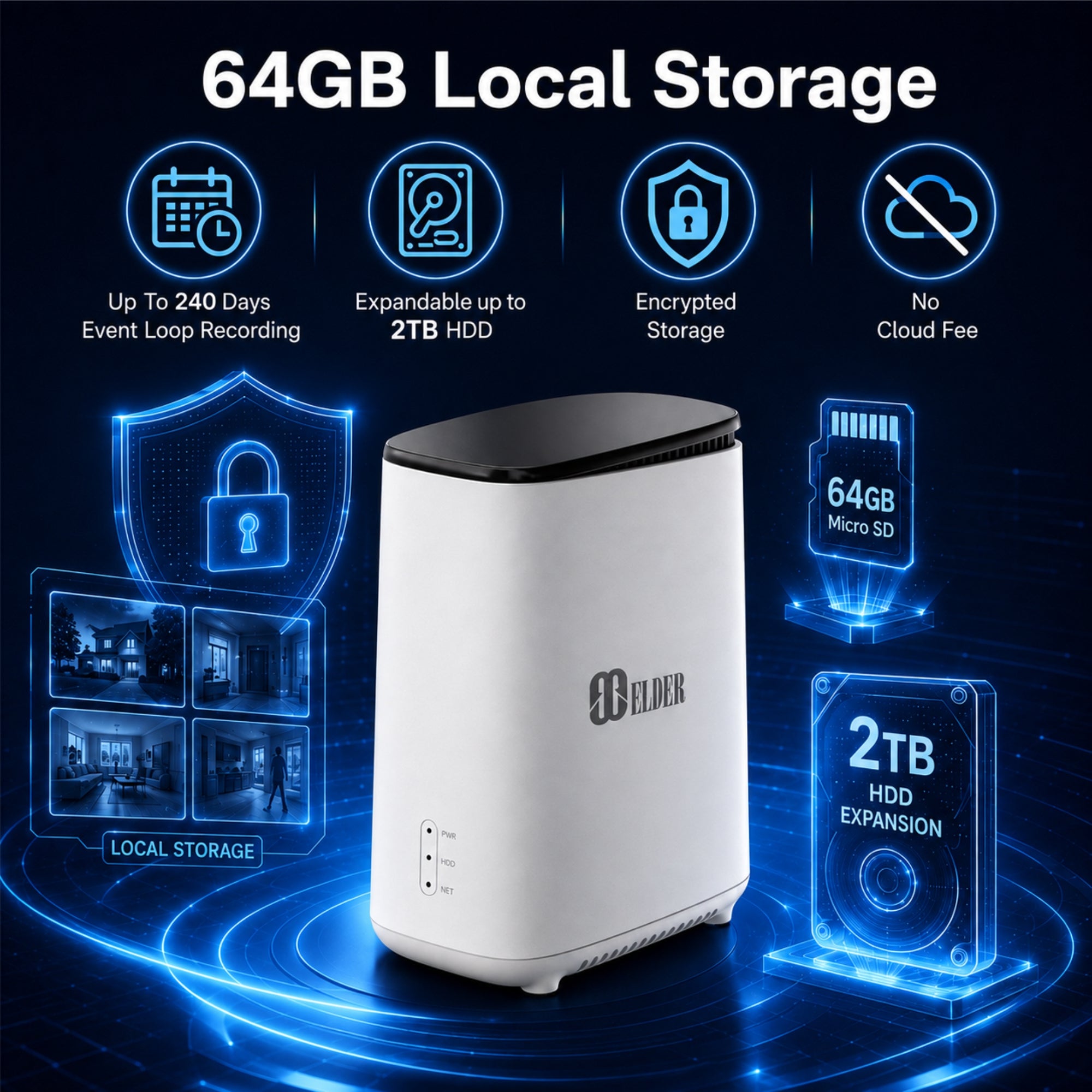 Elder 3K Solar Wireless Security Camera System with 64GB Storage and Upgradeable up to 2TB HDD