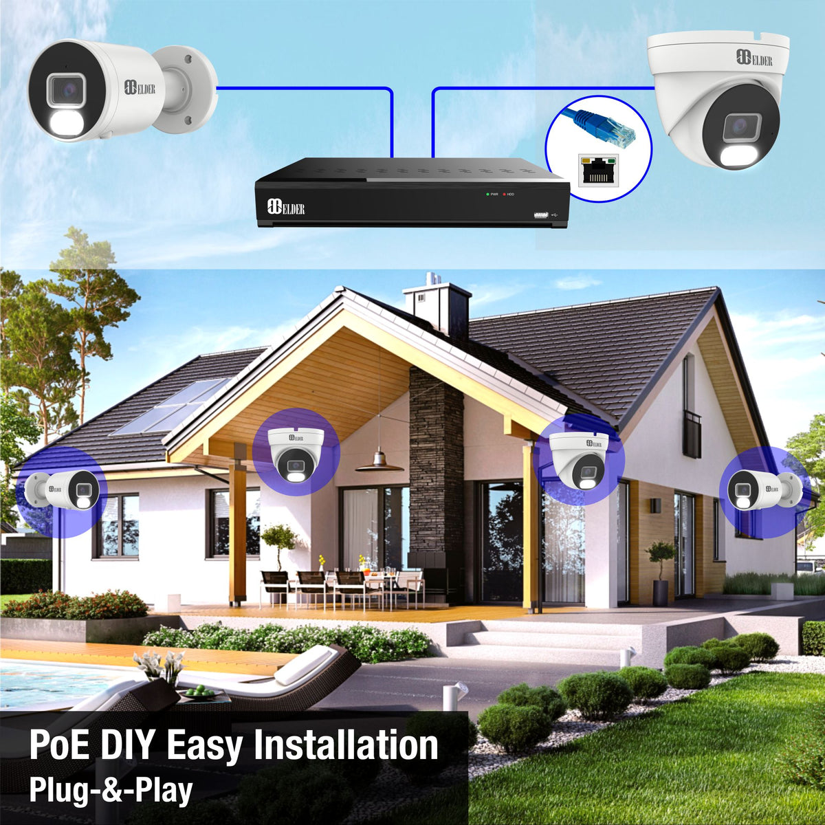 Elder 4K Security Camera System 8MP, 8Ch NVR PoE 4K Camera Outdoor Col