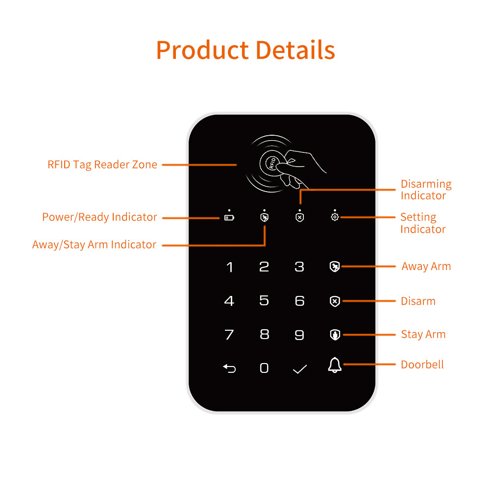 Keypad Alarm WiFi with RFID Tags, WiFi Keypad with Touch Screen & RFID