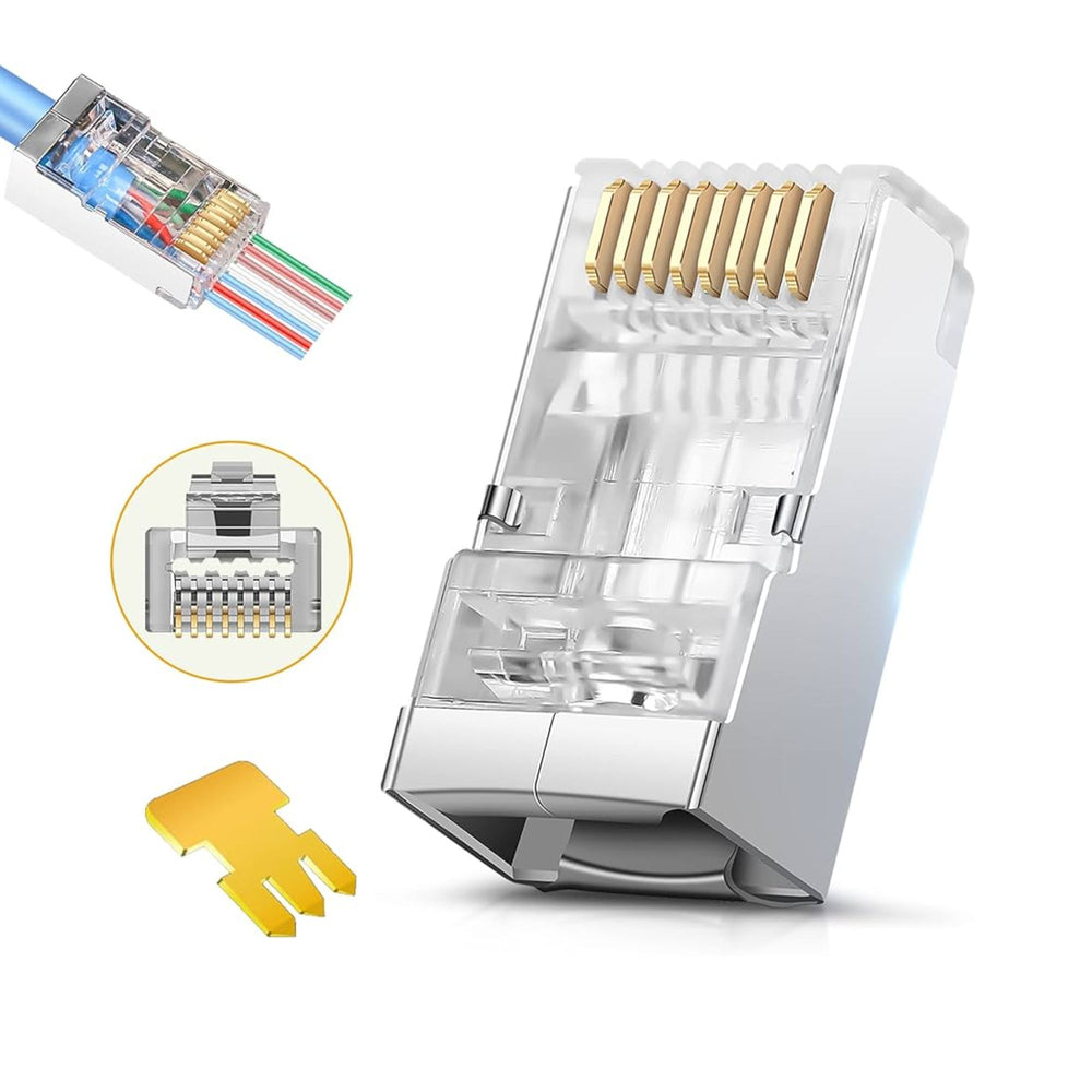RJ45 Connector Shielded x20 Pack, Pass Through Plug Crimp Modular Gold