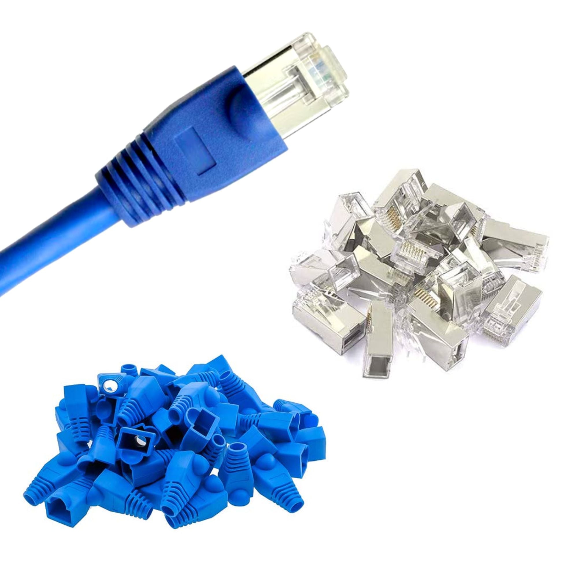 RJ45 Connectors Shielded Pass Through Plug Network Ethernet Cable End with Boots Covers Blue