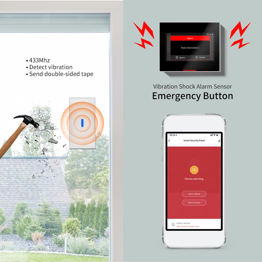 Glass Break Sensor Wireless, WiFi Vibration Sensor Detector Battery Ad