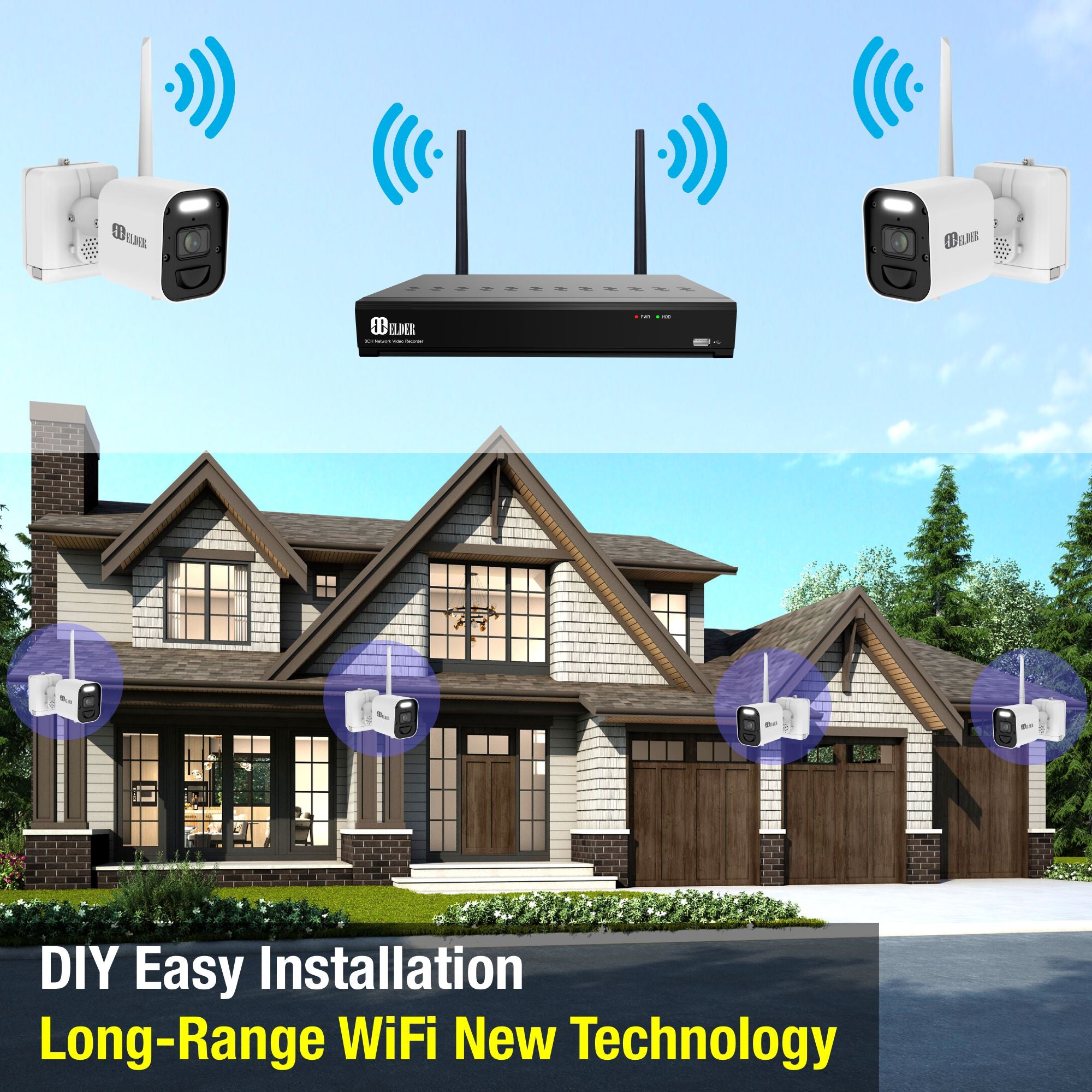 Elder 4K Wireless Security Camera System 1TB Wire-Free, 8Ch NVR 4-Came