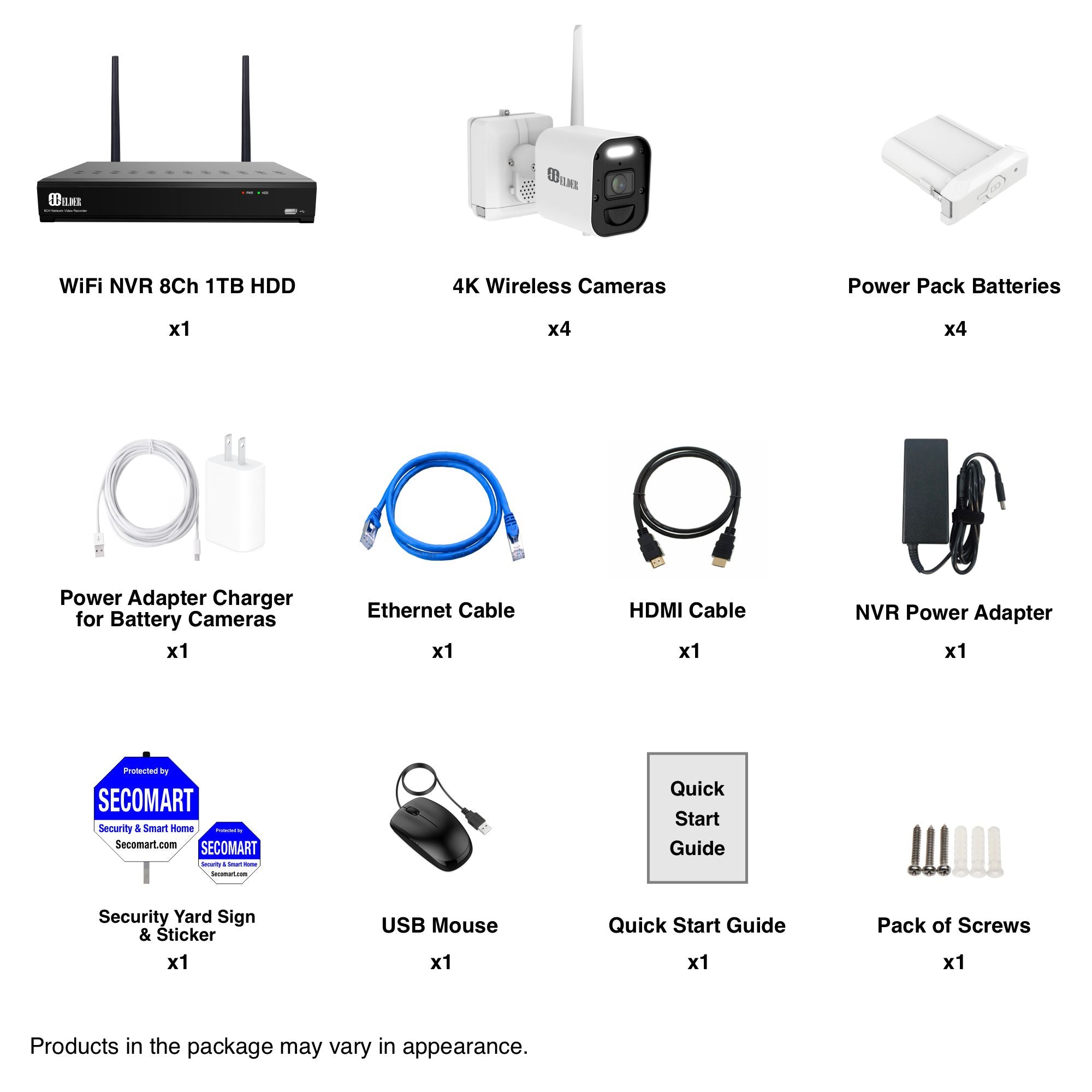 Elder 4K Wireless Security Camera System 1TB Wire-Free, 8Ch NVR 4-Came
