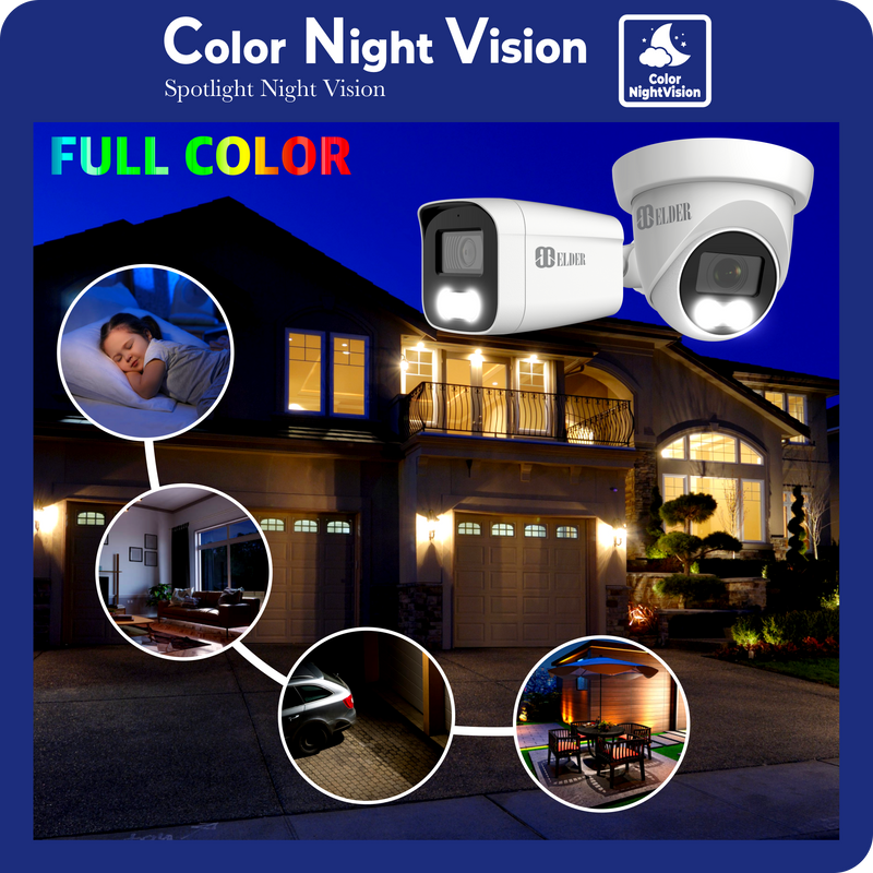 4K Security Camera System Color Night Vision Spotlight, DVR Surveillance Kit Outdoor Wired DIY, Listen-in Audio, 4-Camera Dome & Bullet