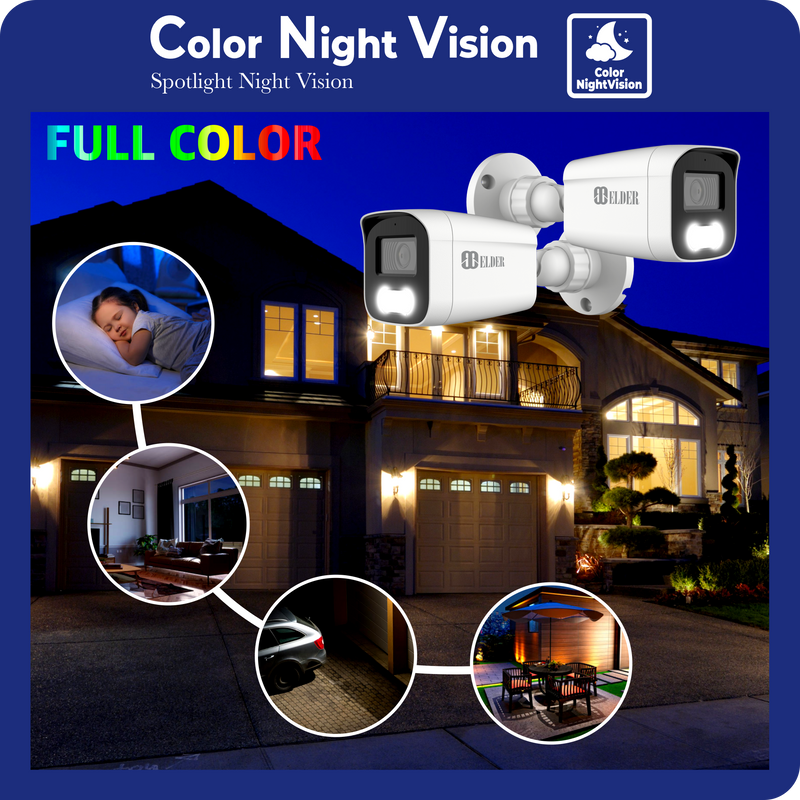 4K Security Camera System Color Night Vision Spotlight, DVR Surveillance Kit Outdoor Wired DIY, Listen-in Audio, 4-Camera Bullet