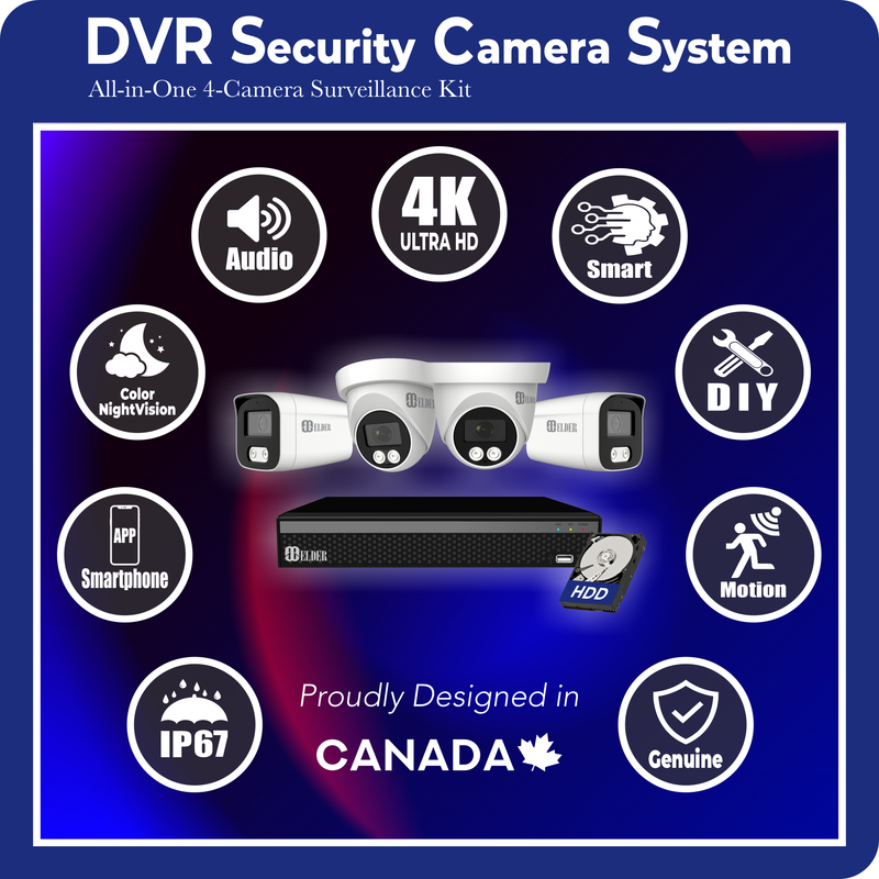 4K Security Camera System Color Night Vision Spotlight, DVR Surveillance Kit Outdoor Wired DIY, Listen-in Audio, 4-Camera Dome & Bullet