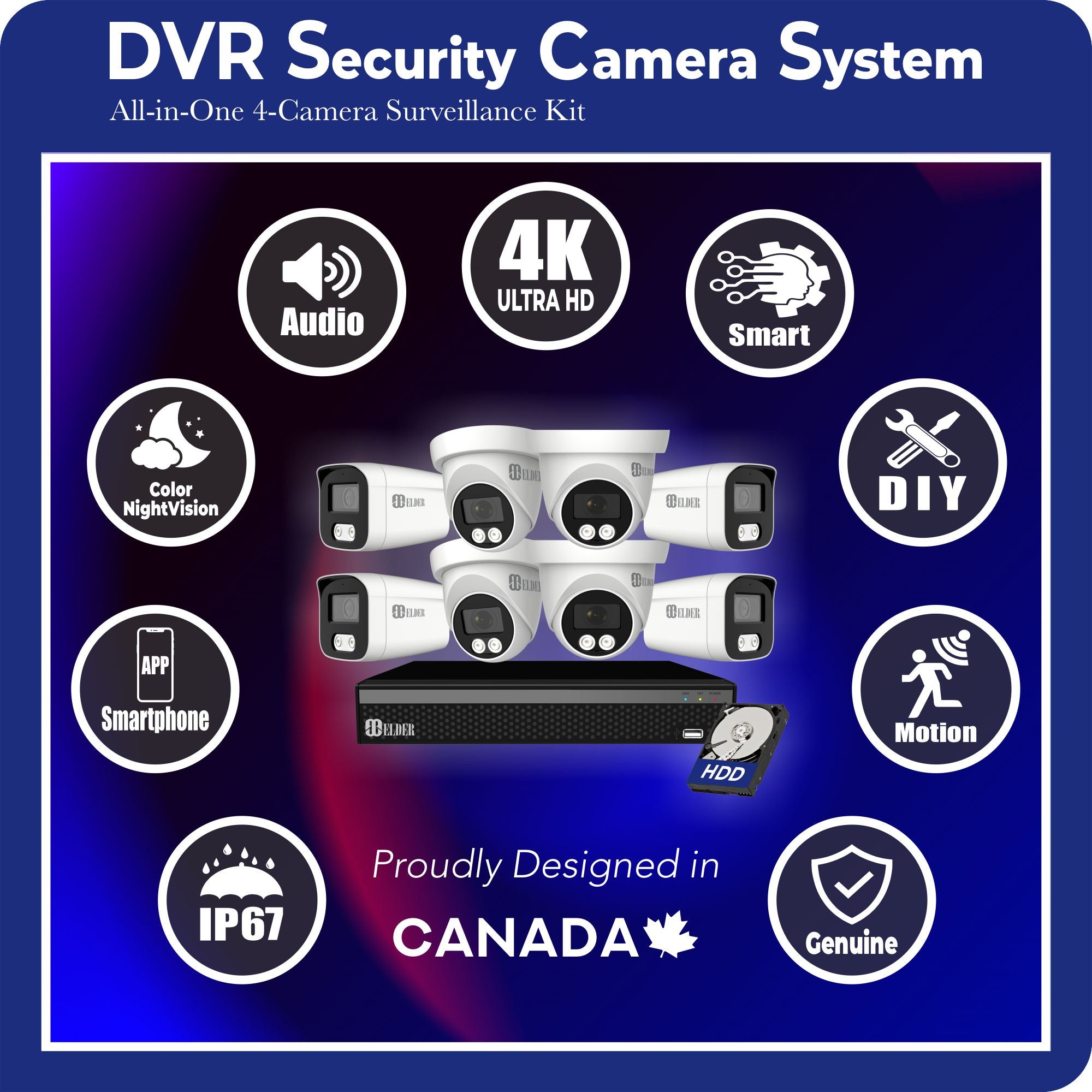 4K Security Camera System Color Night Vision Spotlight, DVR Surveillance Kit Outdoor Wired DIY, Listen-in Audio, 8-Camera Dome & Bullet