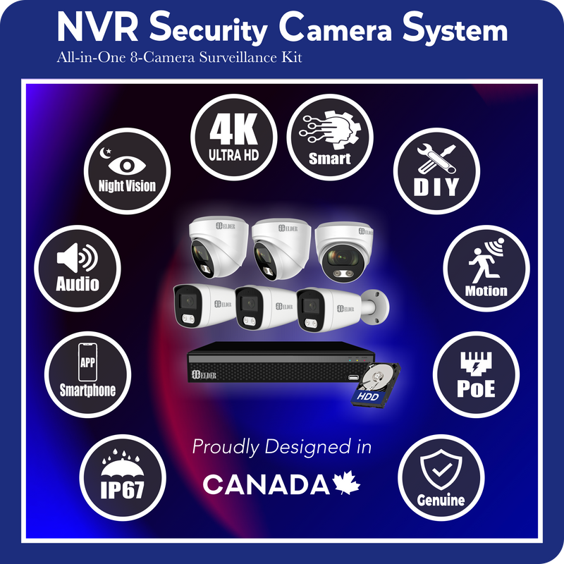 4K Security Camera System 8Ch PoE NVR Surveillance Kit Outdoor Wired DIY, Listen-in Audio, 6-Camera Dome & Bullet Hunter-LE Series