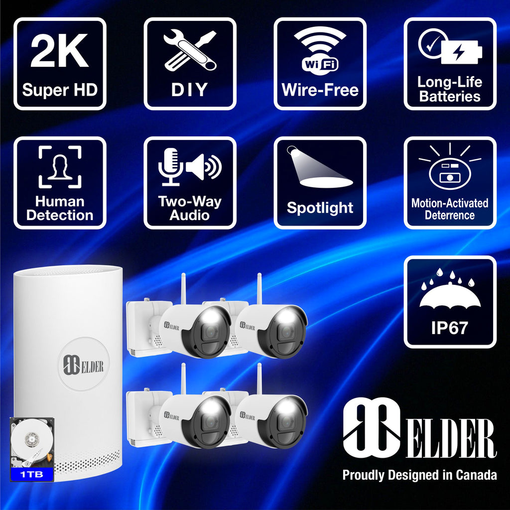Elder Wireless Security Camera System 1TB Wire-Free, 8Ch NVR 4-Camera